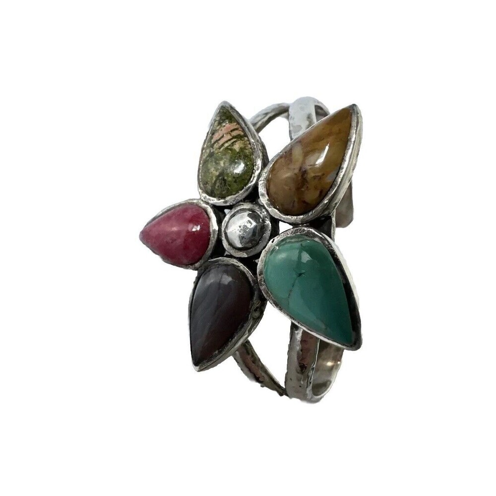 Barse Multi Gemstone Flower 925 Sterling Silver Cuff Bracelet